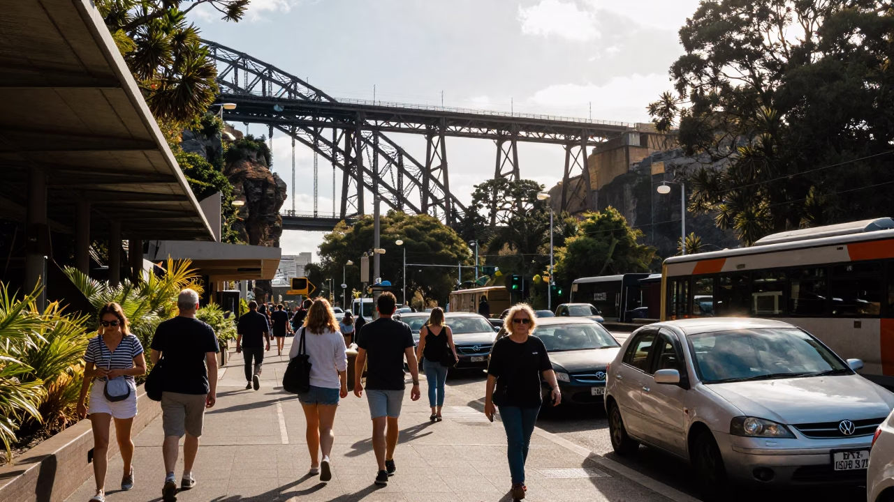 Busy Sydney Street Scene with Train Trestle Over Gorge and Local Market Activity in in Sydney, New South Wales, Australia