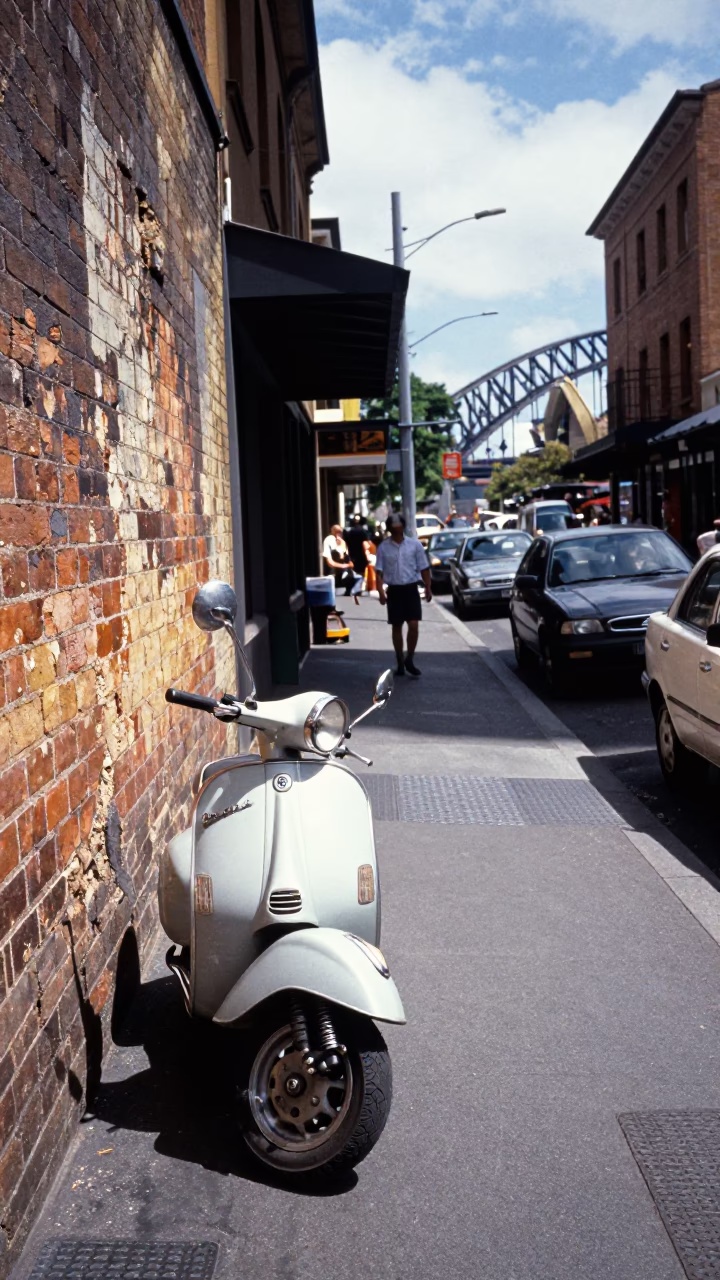 Busy Sydney Street Scene with Vintage Vespa and Urban Details in Bright Midmorning Light in in Sydney, New South Wales, Australia