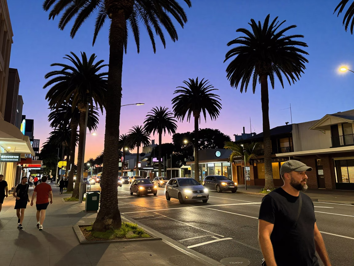 Busy Sydney Twilight Street Scene with Palm Trees and Urban Activity in in Sydney, New South Wales, Australia