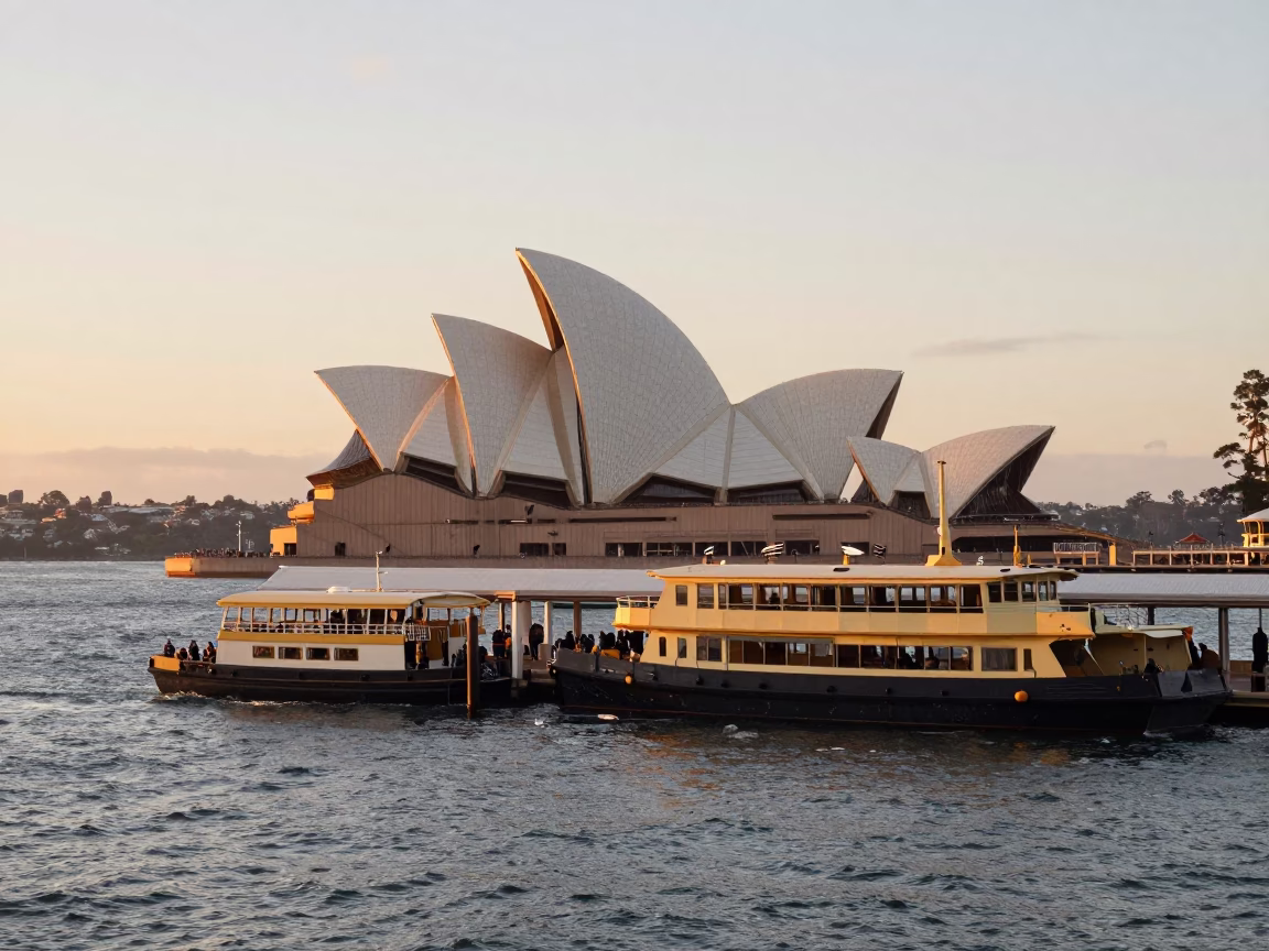 Busy Sydney Water Taxi Dock at Sunset with Floating Paper Lanterns in in Sydney, New South Wales, Australia
