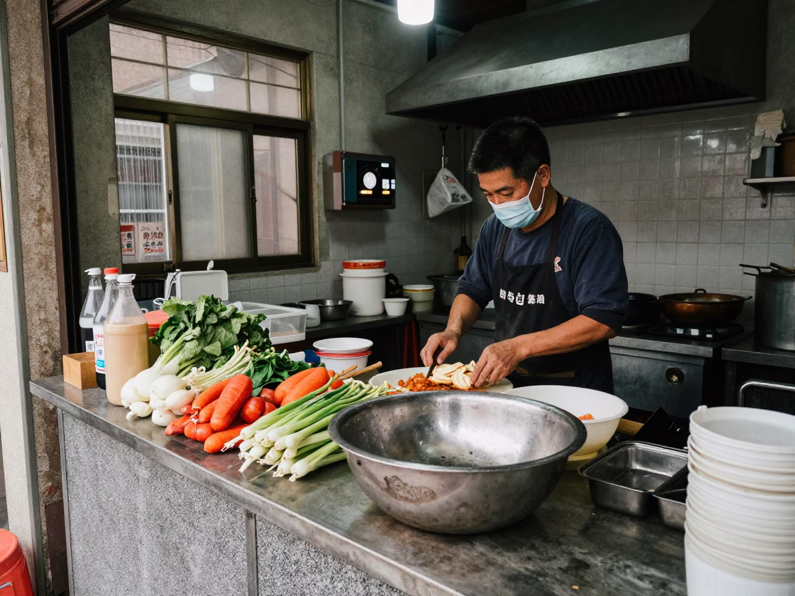 Busy Tainan Alleyway Kitchen Counter With Local Cooking Ingredients in in Tainan, Taiwan
