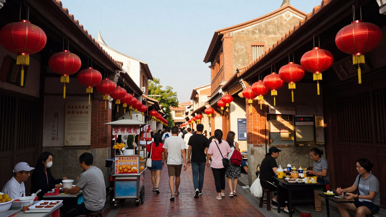 Busy Tainan Alleyway with Lanterns and Local Street Life in Late Afternoon in in Tainan, Taiwan