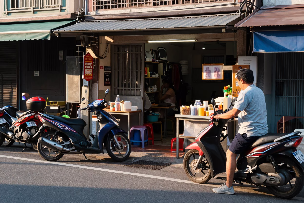 Busy Tainan Early Morning Street Scene with Motorcycle and Local Breakfast Vendor in in Tainan, Taiwan