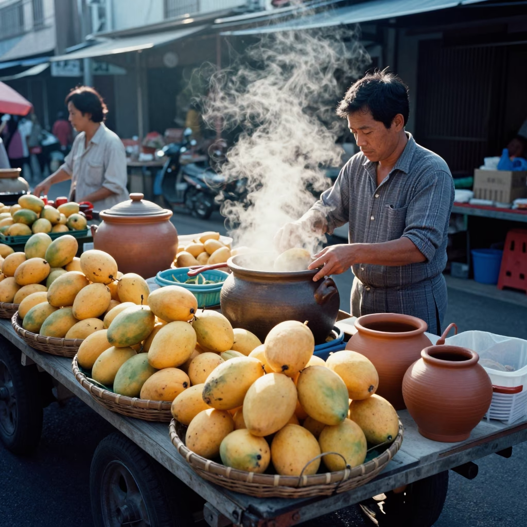 Busy Tainan morning market stall with mangoes and clay pots in in Tainan, Taiwan