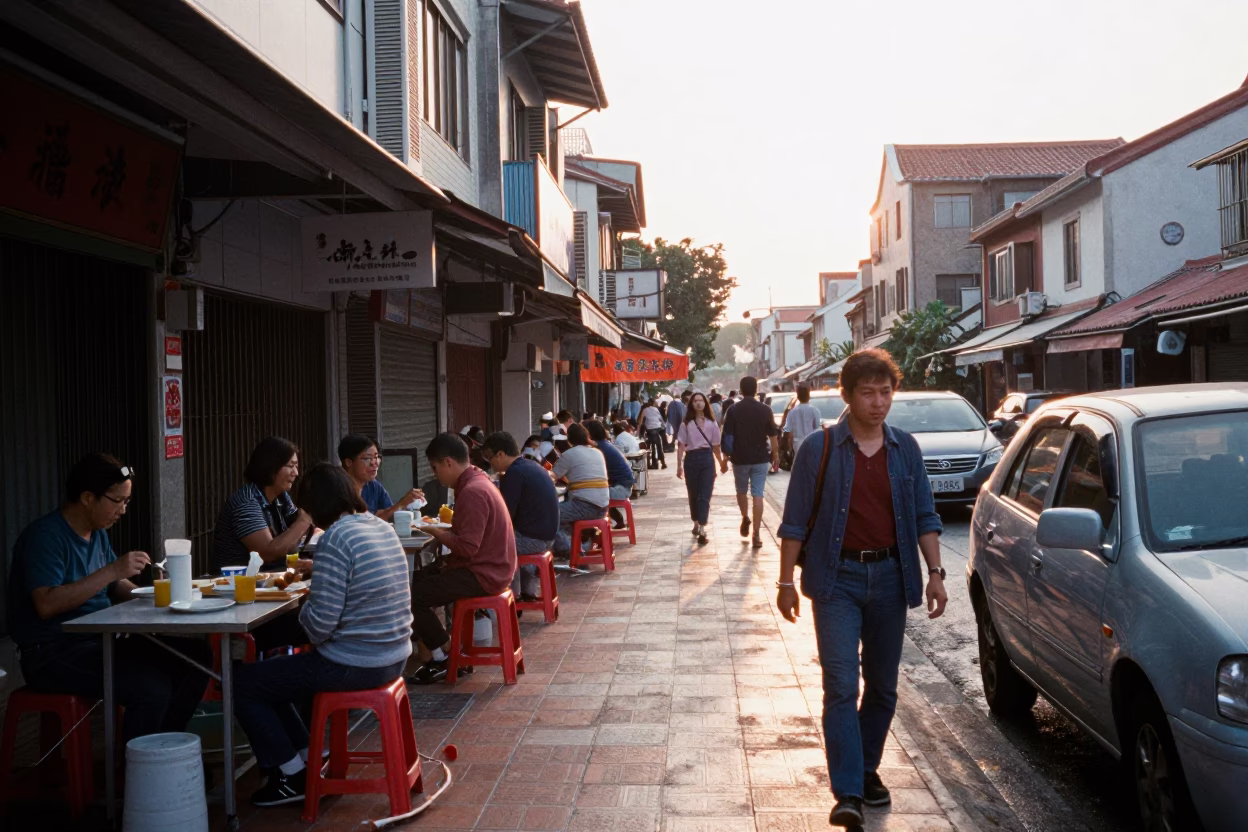 Busy Tainan Morning Street Scene with Local Breakfast and Coffee Mugs in in Tainan, Taiwan