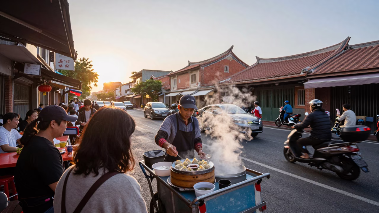 Busy Tainan Morning Street Scene with Traditional Breakfast Vendor and Local Patrons in in Tainan, Taiwan