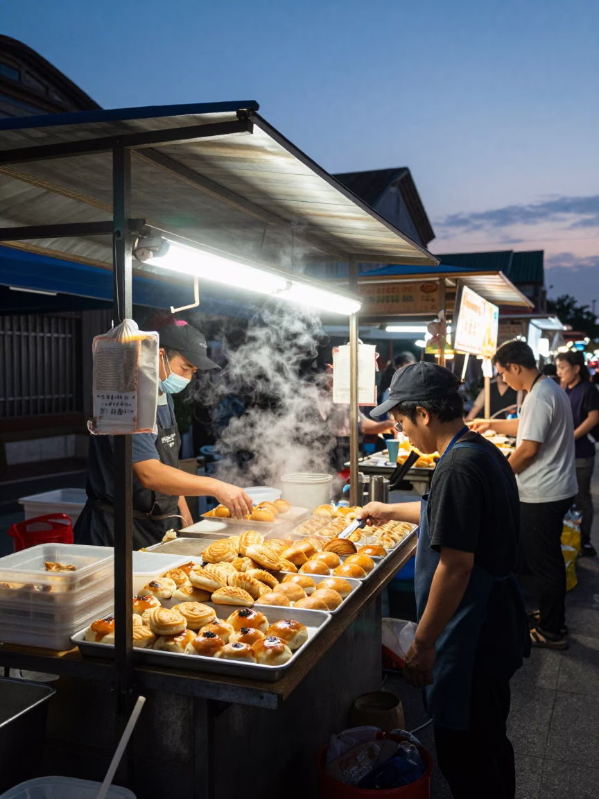 Busy Tainan Night Market Stall Before Dawn with Pastries and Paint Flecks in in Tainan, Taiwan