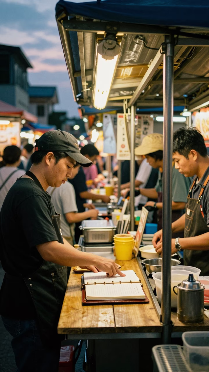Busy Tainan Night Market Stall with Peg Rail and Ledger in Early Evening Light in in Tainan, Taiwan