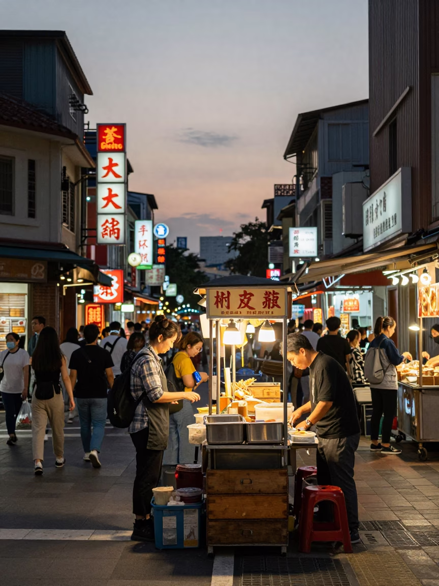 Busy Tainan street corner at dusk with neon signs and local vendors in in Tainan, Taiwan