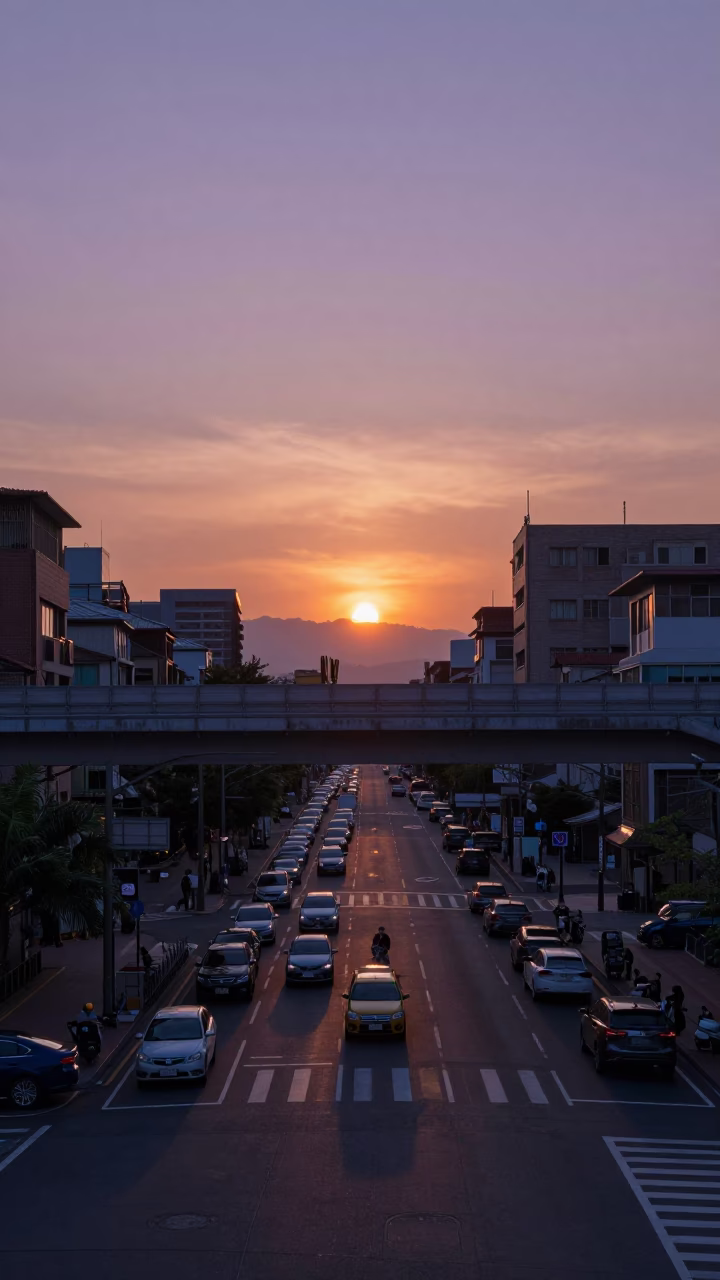 Busy Tainan Street Corner at Sunset with Overpass and Local Market Activity in in Tainan, Taiwan