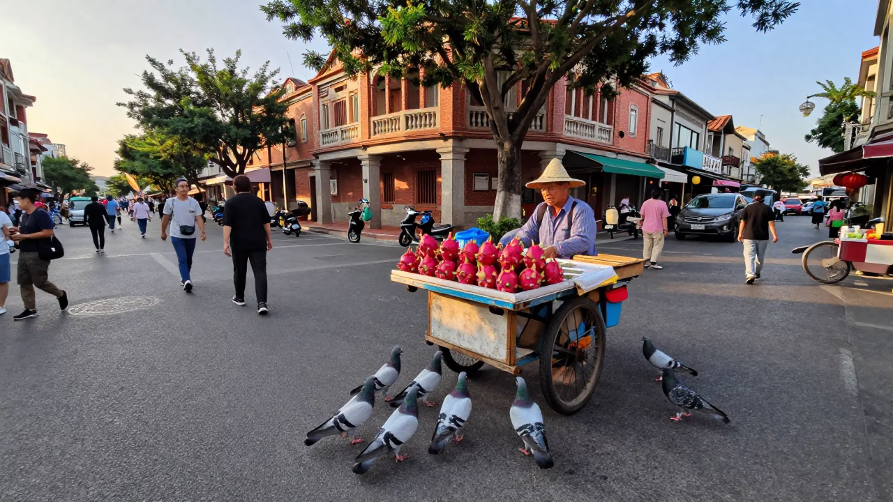 Busy Tainan Street Corner Late Afternoon with Pigeons and Local Vendors in in Tainan, Taiwan