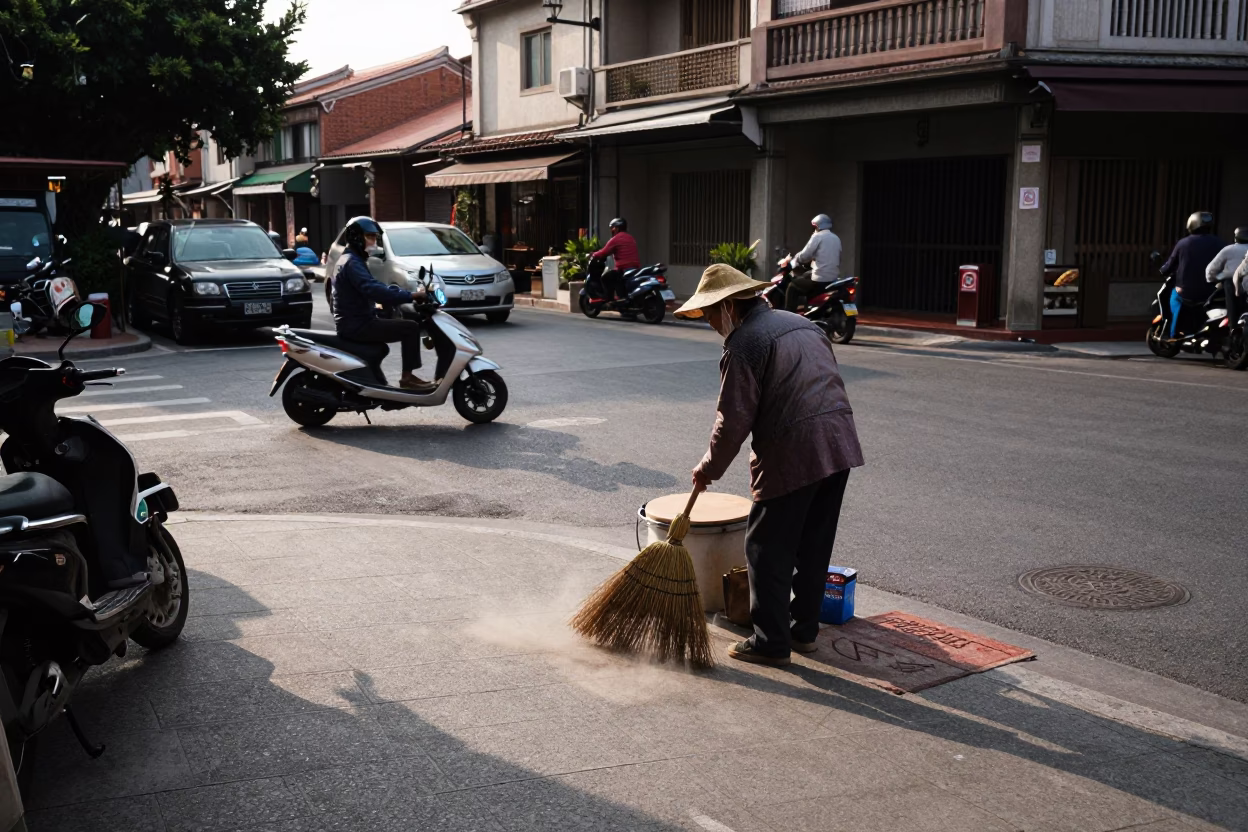Busy Tainan Street Corner Late Morning Vendor with Broom and Doormat in in Tainan, Taiwan