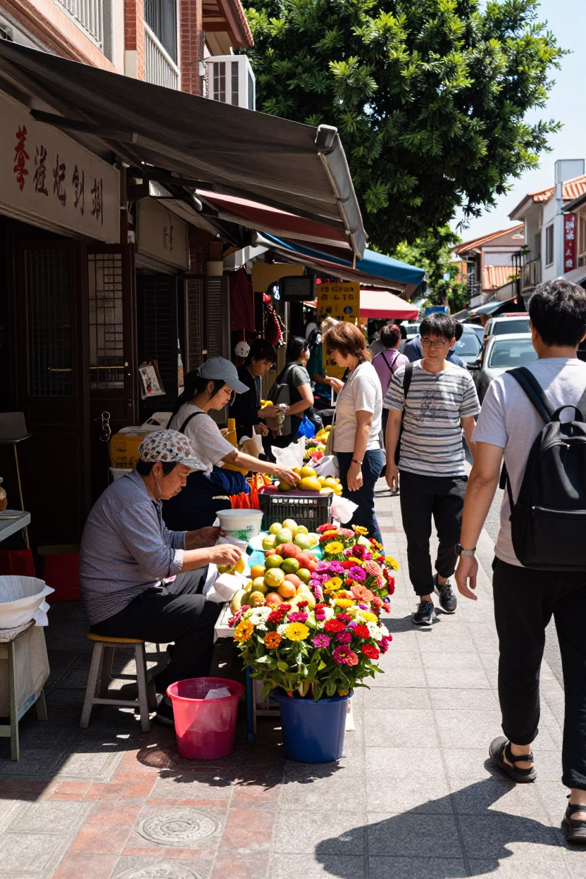 Busy Tainan street corner midday with vendor and local life in in Tainan, Taiwan