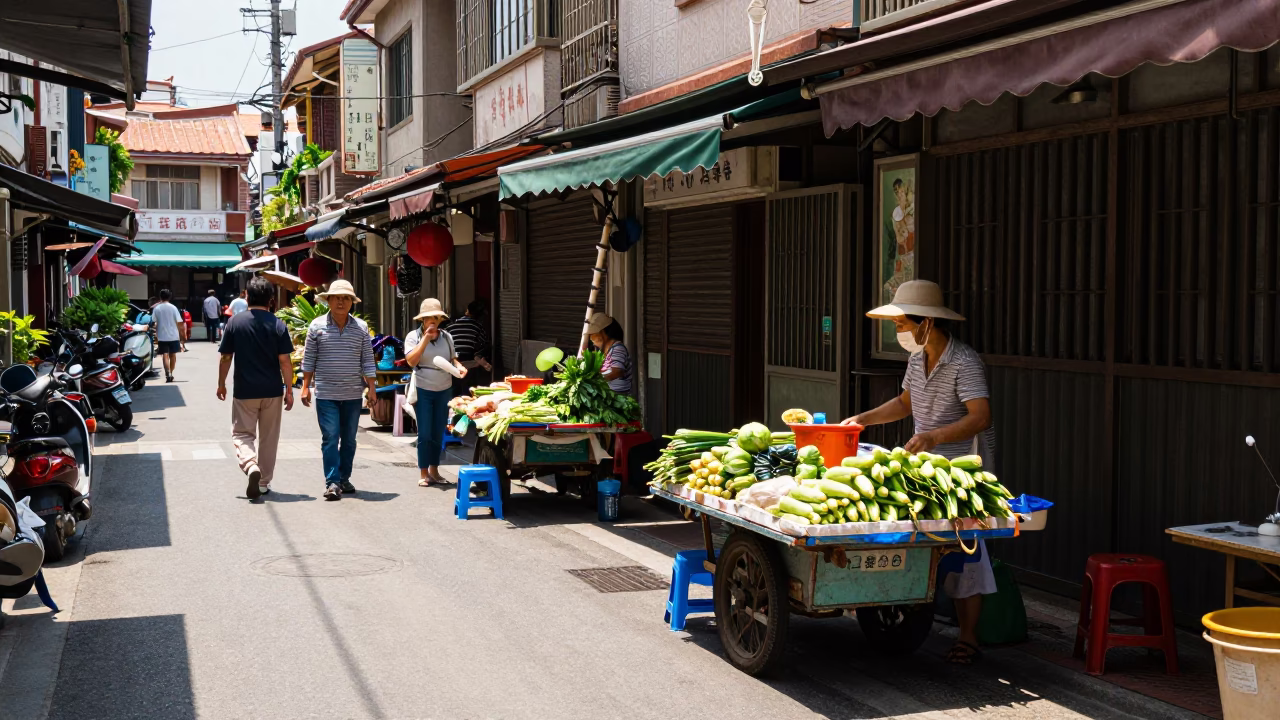 Busy Tainan Street Corner Under Flat Noon Glare with Local Market Activity in in Tainan, Taiwan