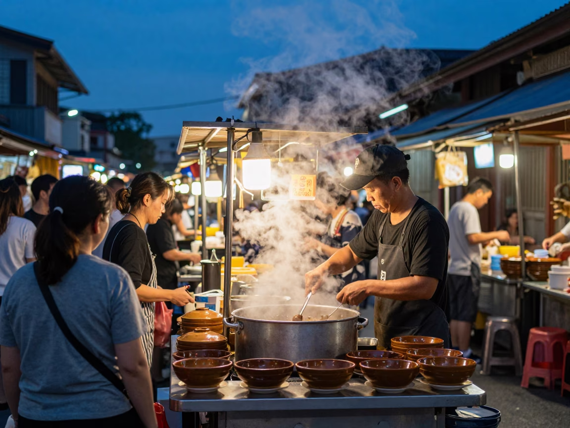 Busy Tainan street food stall at blue hour with ceramic bowls and steaming dishes in in Tainan, Taiwan