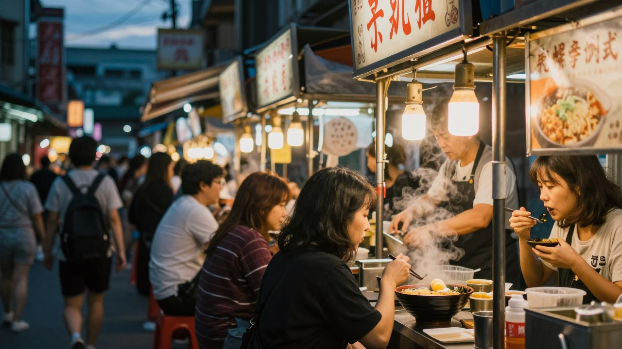 Busy Tainan Street Food Stall at Dusk with Ramen and Tea Stains in in Tainan, Taiwan