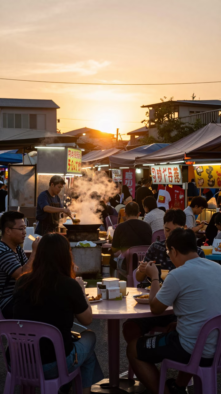 Busy Tainan Street Food Stall at Sunset with Lomo Saltado and Local Diners in in Tainan, Taiwan