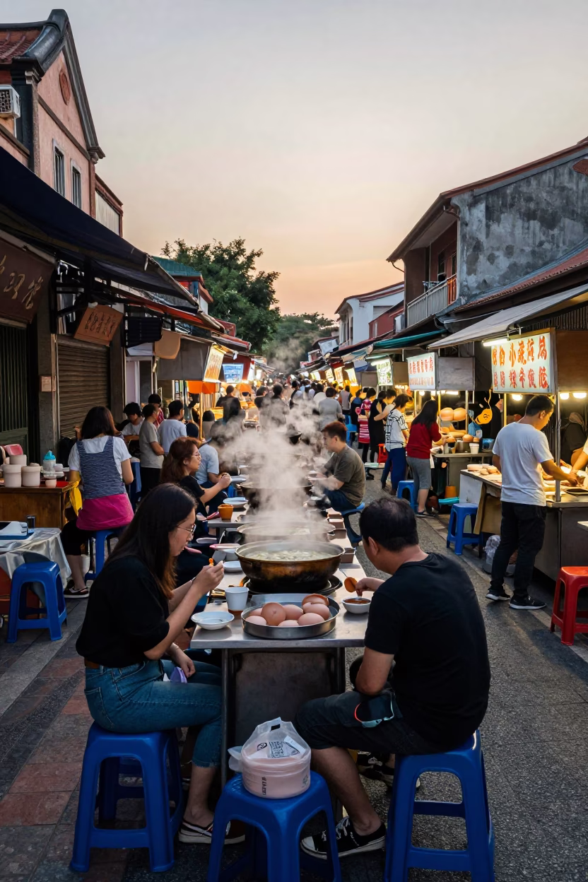 Busy Tainan Street Food Stall Late Afternoon with Pottery Market Wares and Local Dining in in Tainan, Taiwan