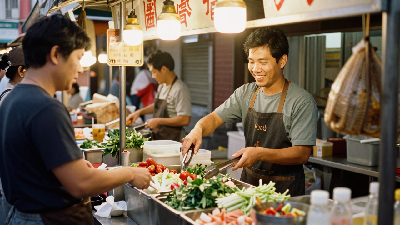 Busy Tainan Street Food Stall with Ice Tongs and Cooler Jug in Late Morning in in Tainan, Taiwan