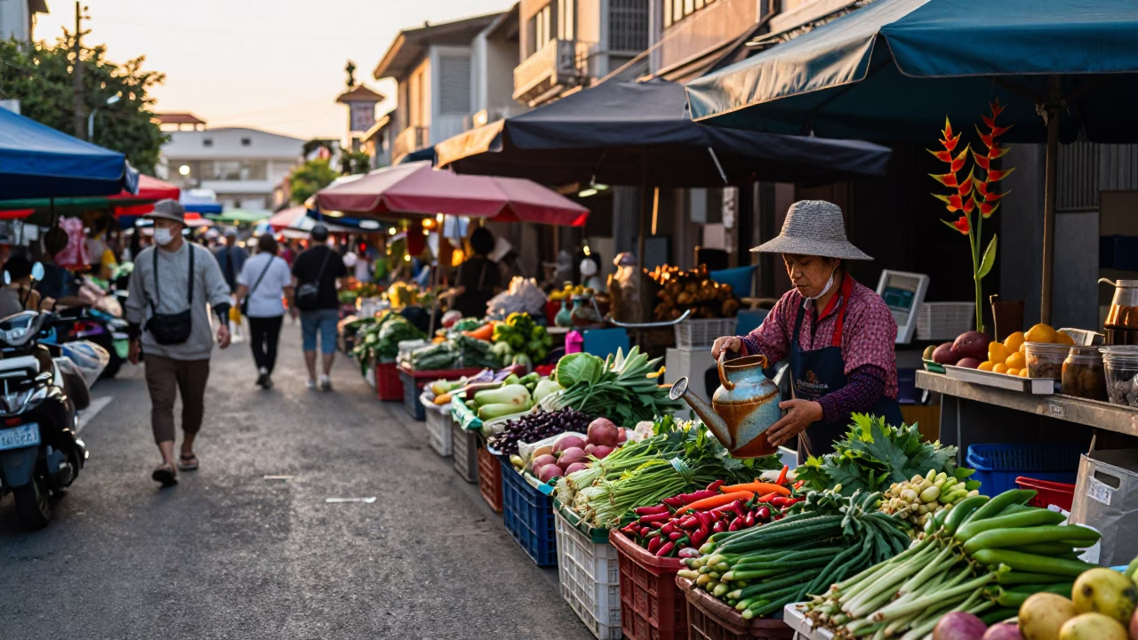 Busy Tainan Street Market at Golden Hour with Watering Jug and Heliconia Flowers in in Tainan, Taiwan