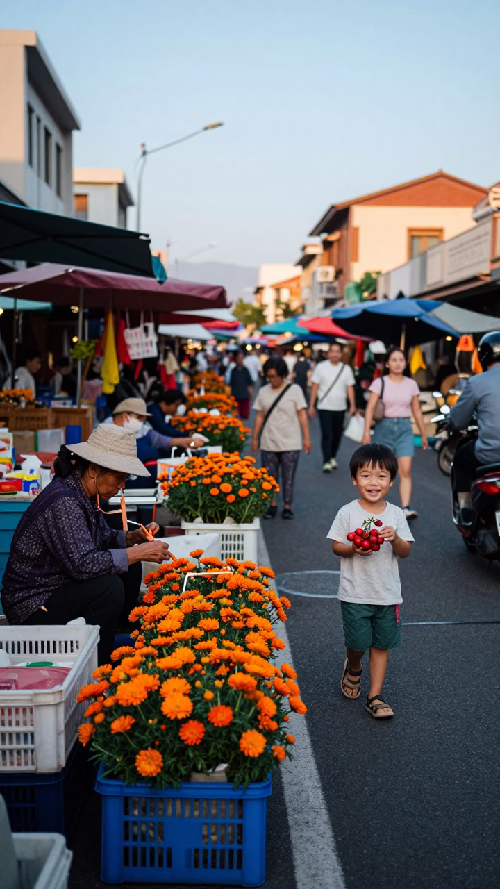 Busy Tainan Street Market at Nautical Dawn with Orange Calendula and Railway Viaduct Background in in Tainan, Taiwan