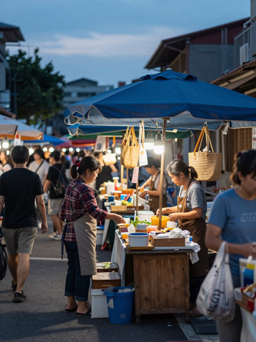 Busy Tainan Street Market at Nautical Dawn with Vendor and Watering Jug in in Tainan, Taiwan