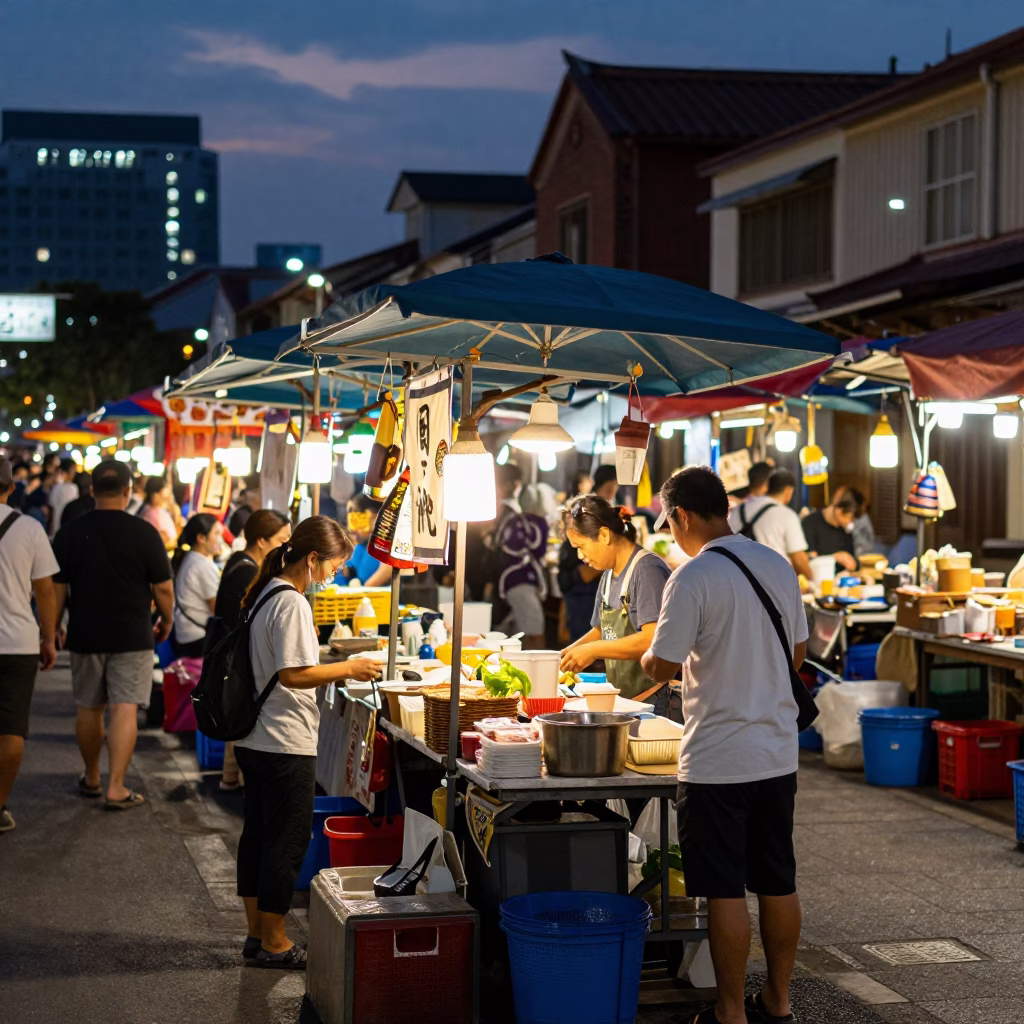 Busy Tainan Street Market Stall at Dusk with Local Vendor and Customers in in Tainan, Taiwan