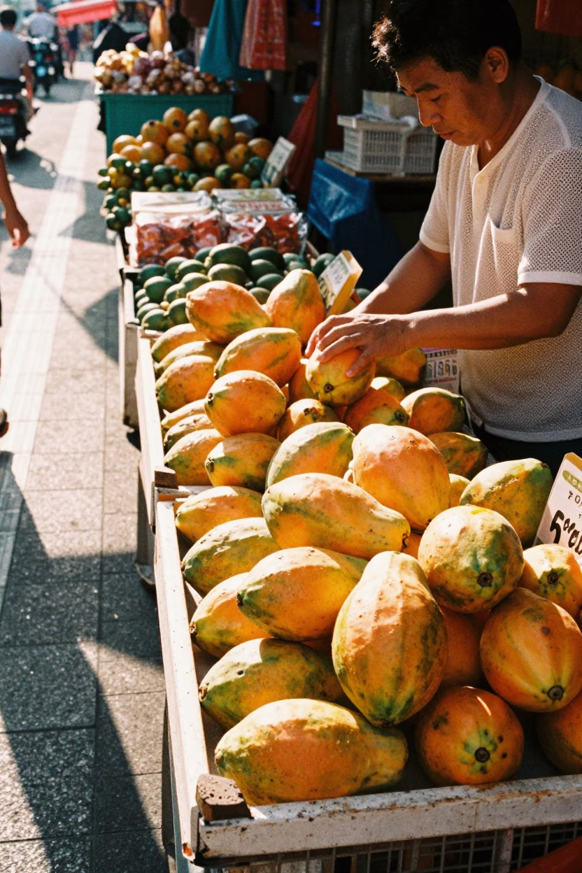 Busy Tainan Street Market Stall Selling Fresh Papayas in Late Afternoon Light in in Tainan, Taiwan