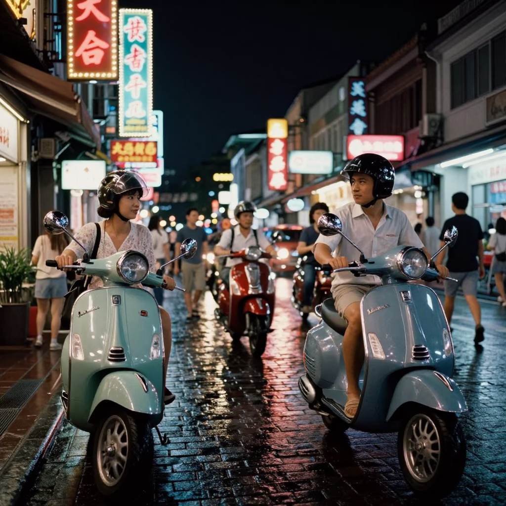 Busy Tainan Street Night Scene with Vintage Vespa and Local Life in in Tainan, Taiwan