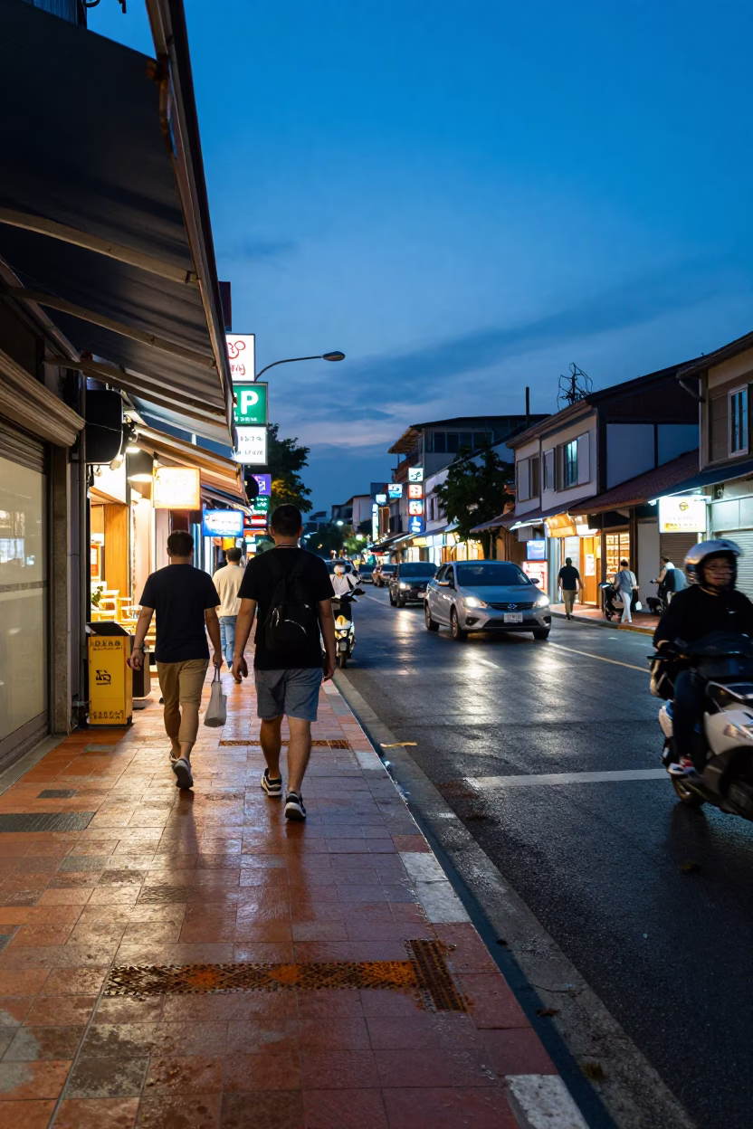 Busy Tainan Street Scene at Blue Hour with Condensation and Rust Details in in Tainan, Taiwan