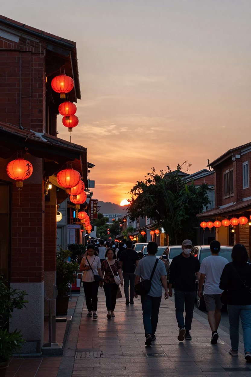 Busy Tainan Street Scene at Dusk with Lanterns and Bougainvillea in in Tainan, Taiwan