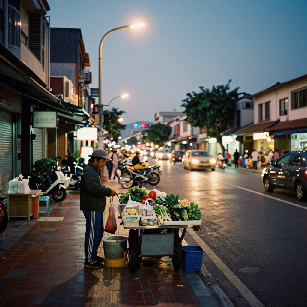 Busy Tainan Street Scene at Dusk with Local Vendors and Evening Light in in Tainan, Taiwan