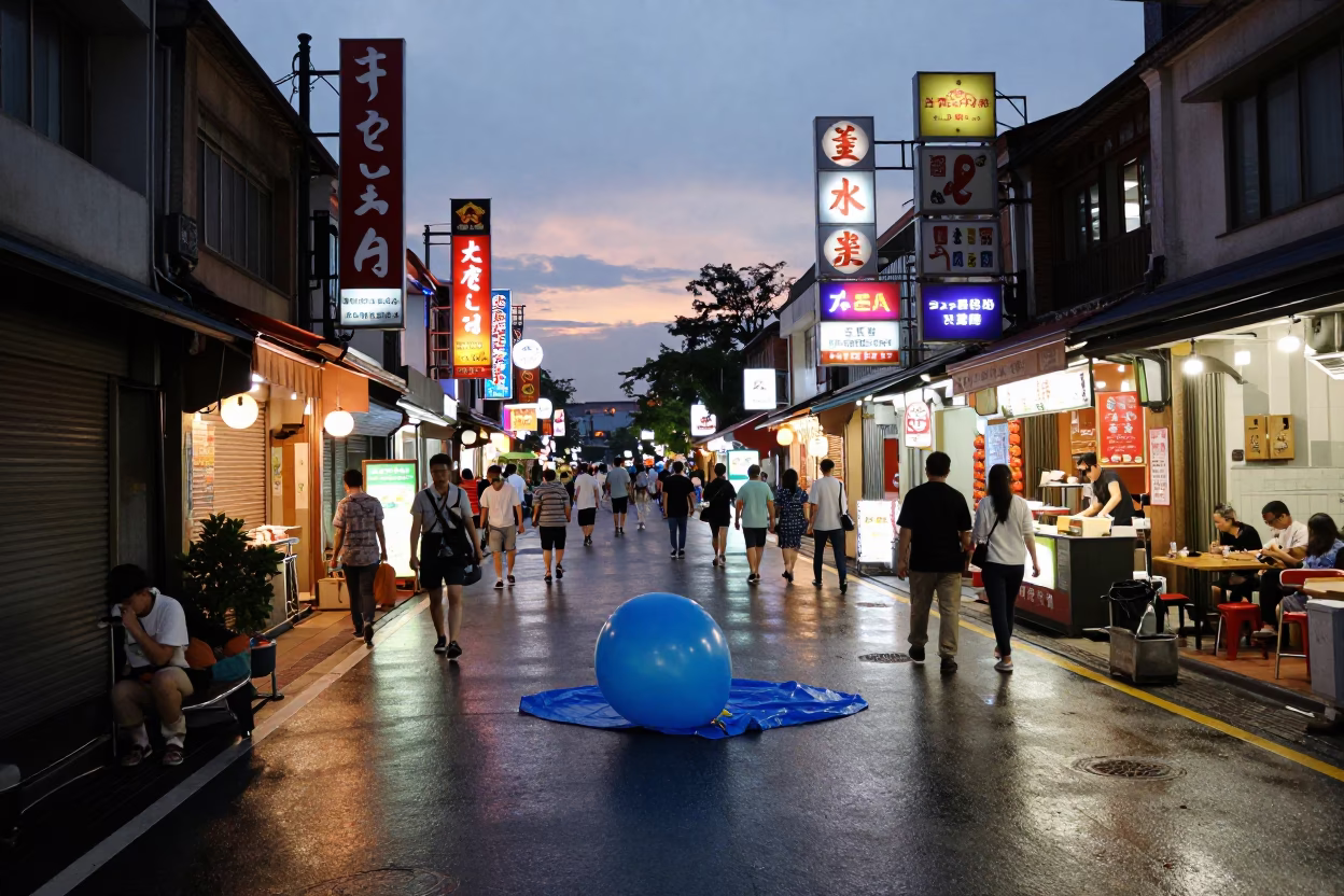 Busy Tainan street scene at dusk with neon signs and padlock on railing in in Tainan, Taiwan