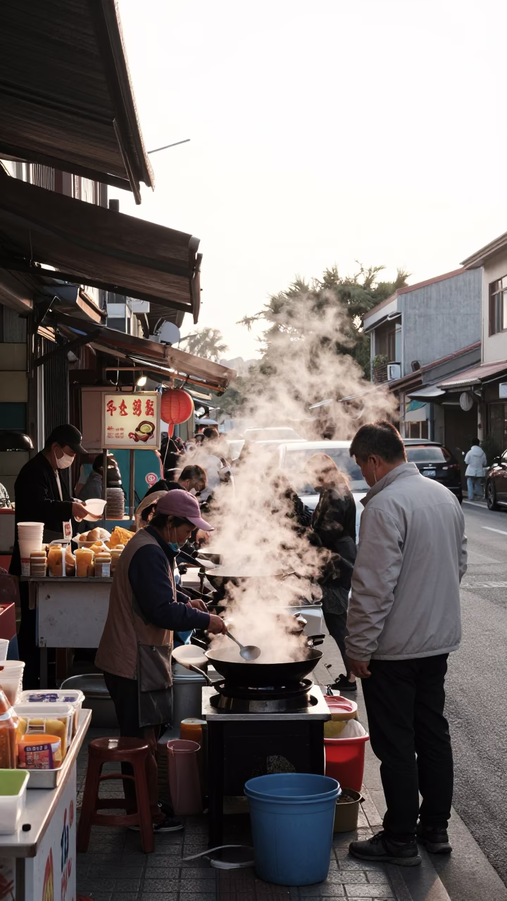Busy Tainan Street Scene at First Light with Steam and Local Commerce in in Tainan, Taiwan