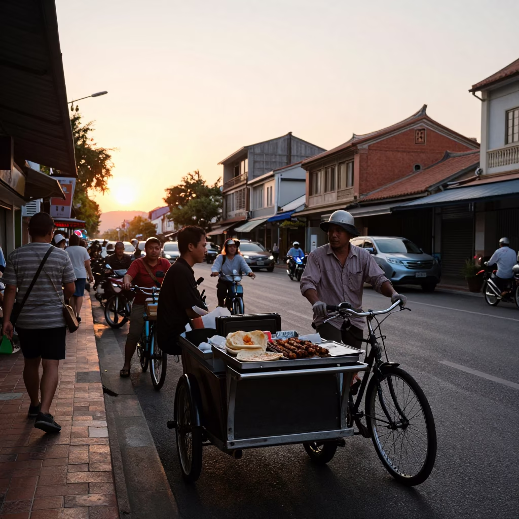 Busy Tainan street scene at sunset with cargo bicycle and kebab koobideh in in Tainan, Taiwan