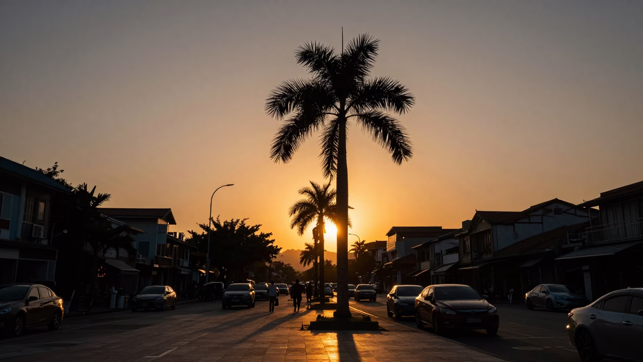 Busy Tainan Street Scene at Sunset with Palm Silhouettes and Local Life in in Tainan, Taiwan