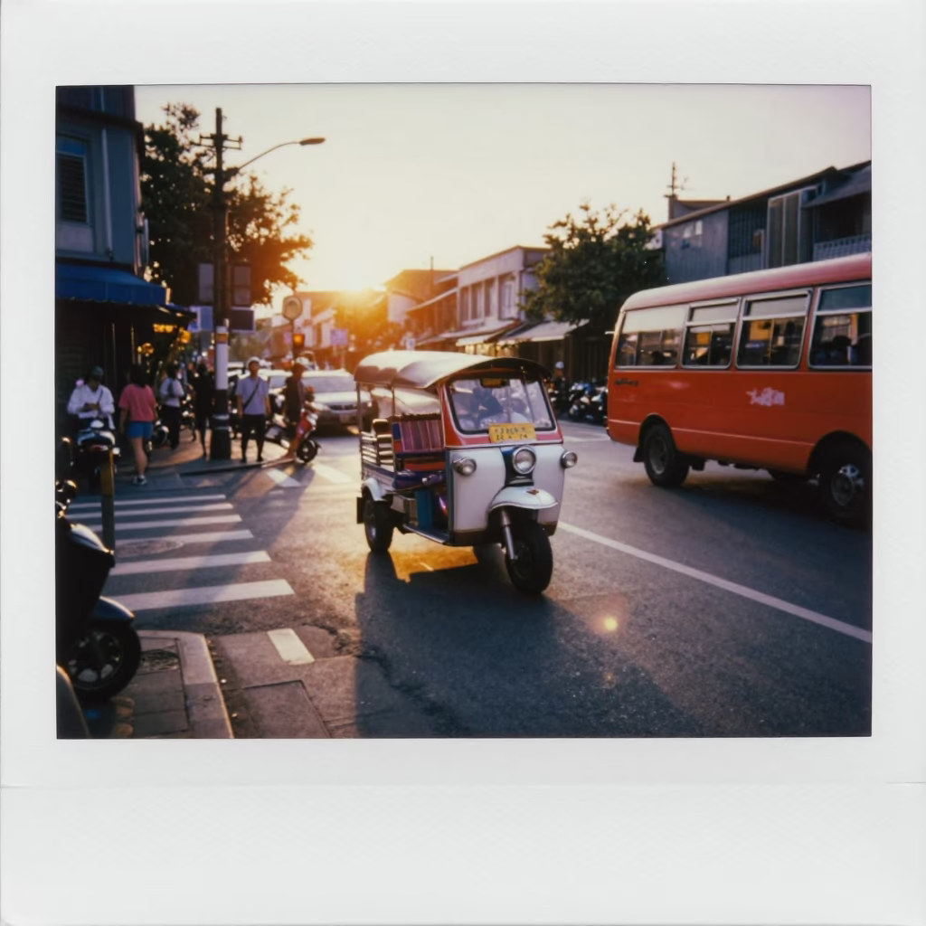 Busy Tainan Street Scene at Sunset with Tuk-Tuk and Local Traffic in in Tainan, Taiwan