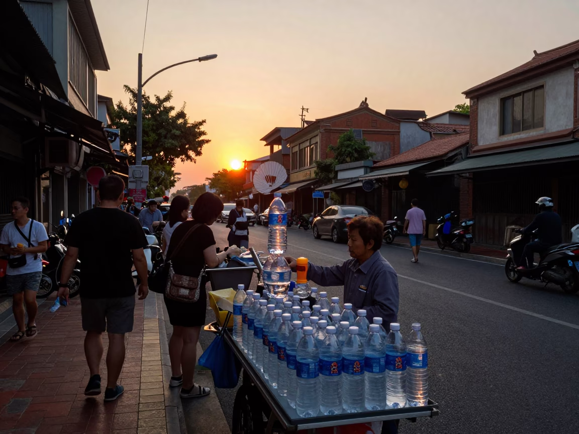 Busy Tainan Street Scene at Sunset with Vendor Selling Water Bottles and Bonsai Display in in Tainan, Taiwan