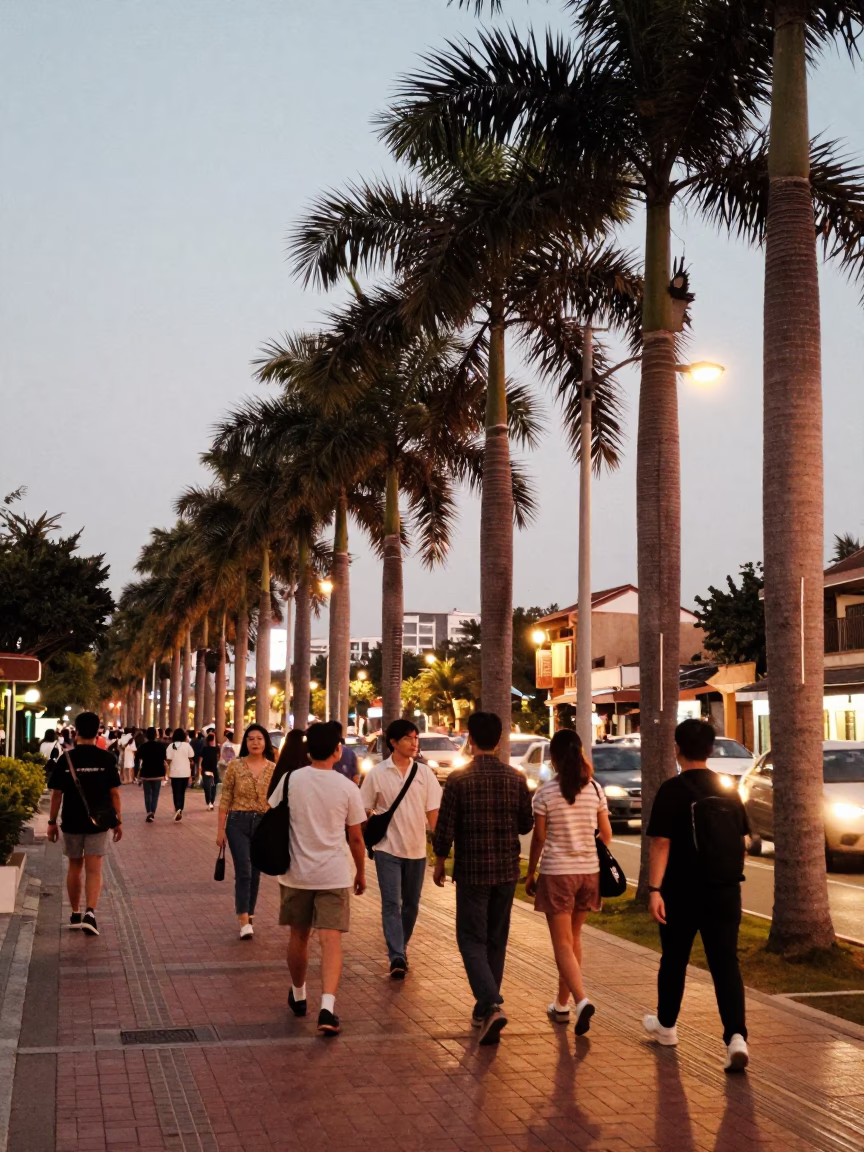 Busy Tainan Street Scene Early Evening with Palm Trees and Local Life in in Tainan, Taiwan