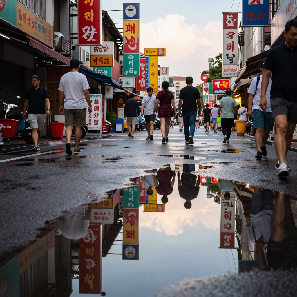 Busy Tainan Street Scene Late Afternoon with Puddle Reflections and Hotel Windows in in Tainan, Taiwan