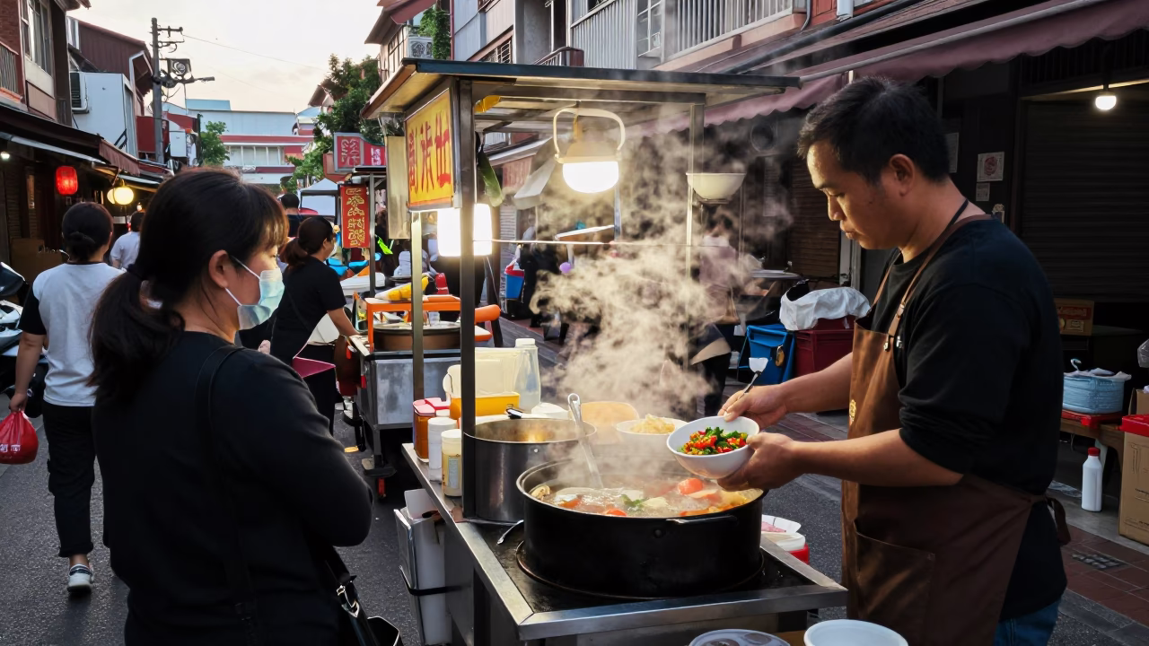 Busy Tainan Street Scene Late Morning with Food Vendor and Pedestrians in in Tainan, Taiwan