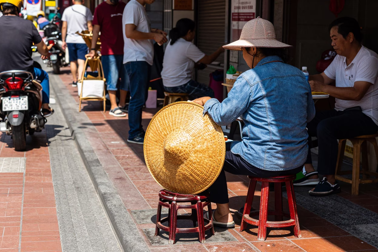 Busy Tainan Street Scene Midday with Woven Cane and Local Commerce in in Tainan, Taiwan