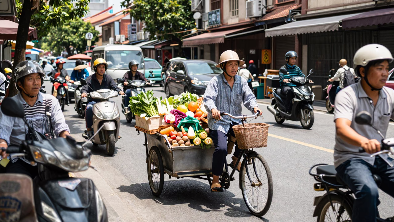 Busy Tainan Street Scene Under Flat Noon Light with Local Vendors and Pedestrians in in Tainan, Taiwan