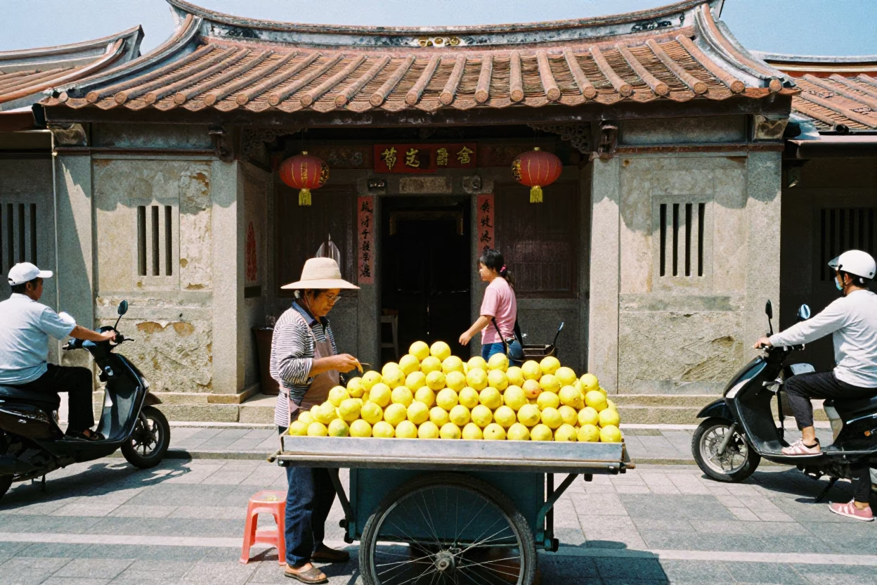 Busy Tainan street scene with lemon stand and traditional architecture in bright midmorning light in in Tainan, Taiwan