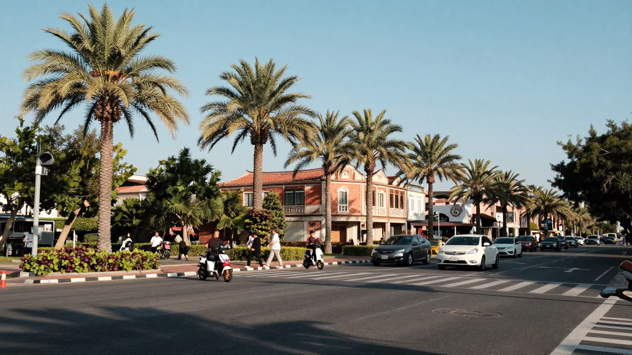 Busy Tainan Street Scene with Palm Trees and Fig Tree in Late Afternoon Light in in Tainan, Taiwan
