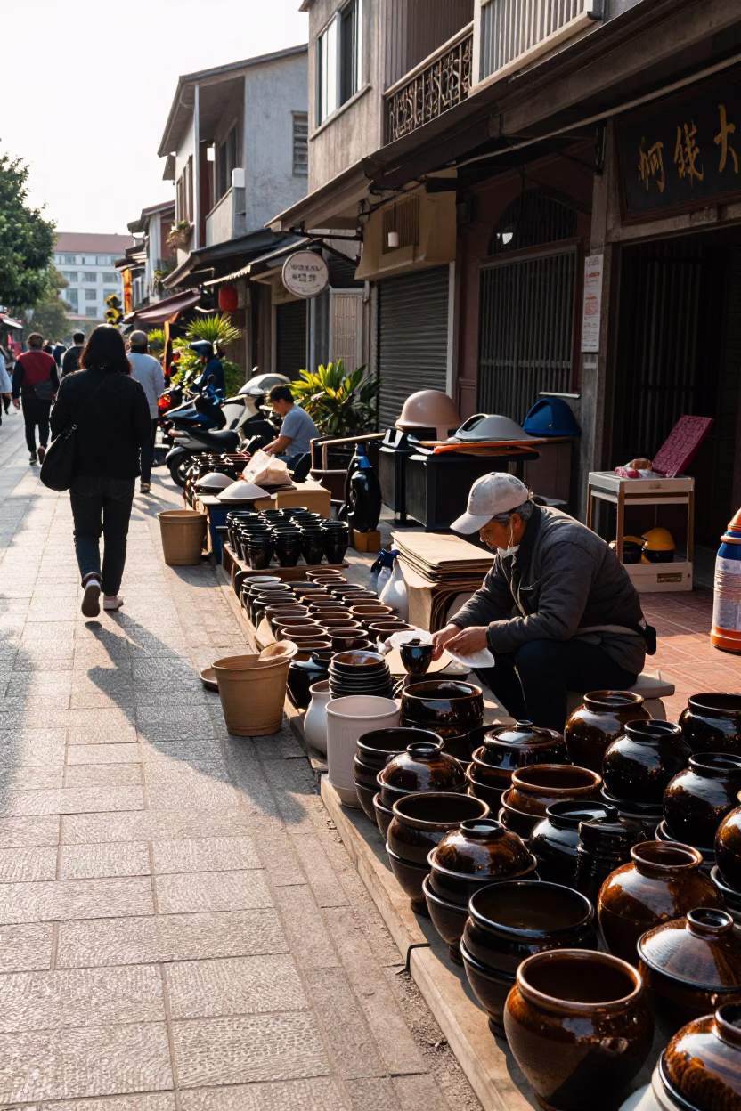 Busy Tainan Street Scene with Traditional Pottery Wares and Morning Light in Taiwan in in Tainan, Taiwan
