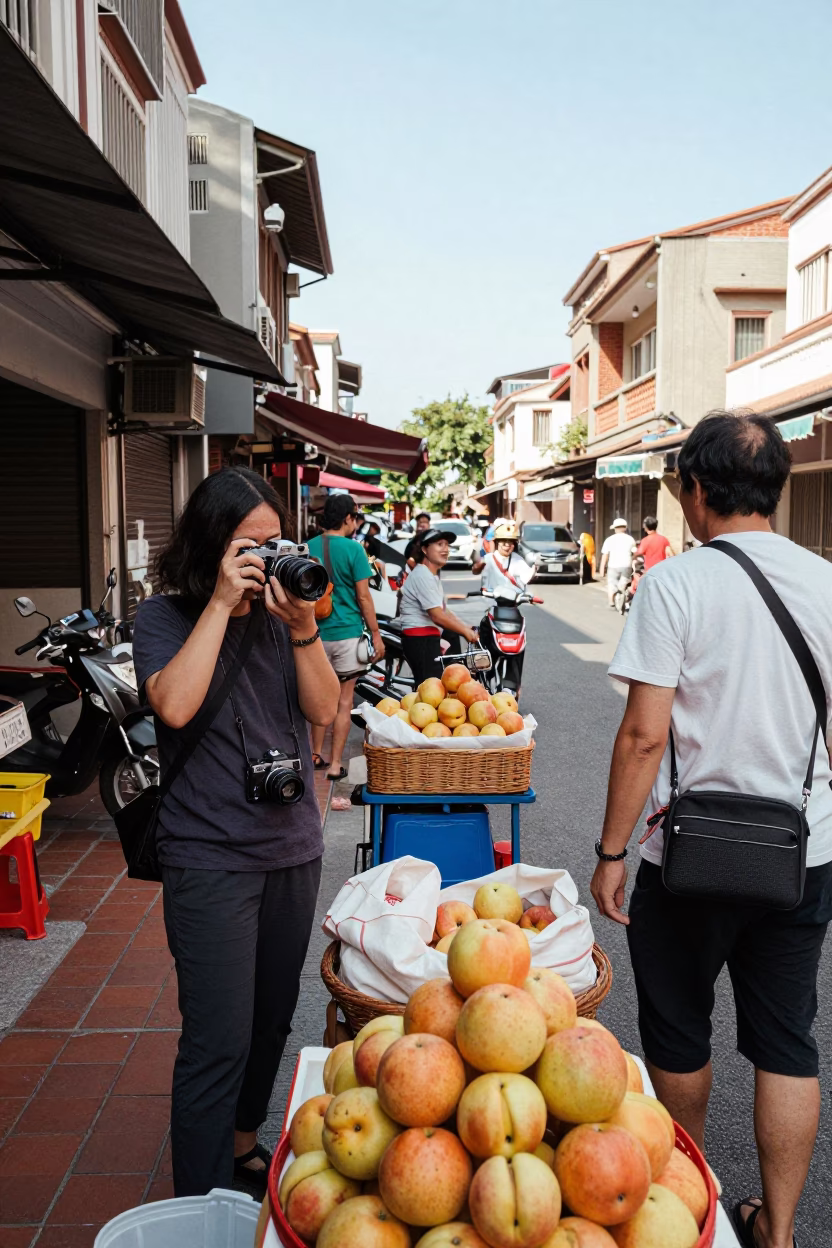 Busy Tainan Street Scene with Vintage Camera and Nectarines at Midday in in Tainan, Taiwan