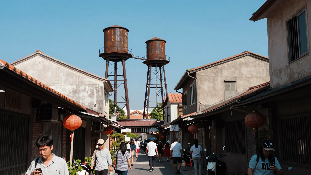 Busy Tainan Street Scene with Water Tower and Tea Towel at Midday in in Tainan, Taiwan