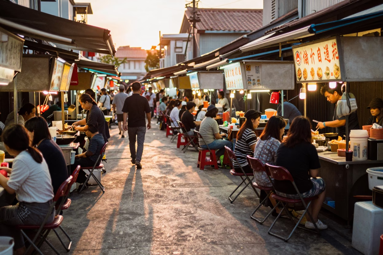 Busy Tainan Street Stall at Golden Hour with Folding Chairs and Evening Sky in in Tainan, Taiwan