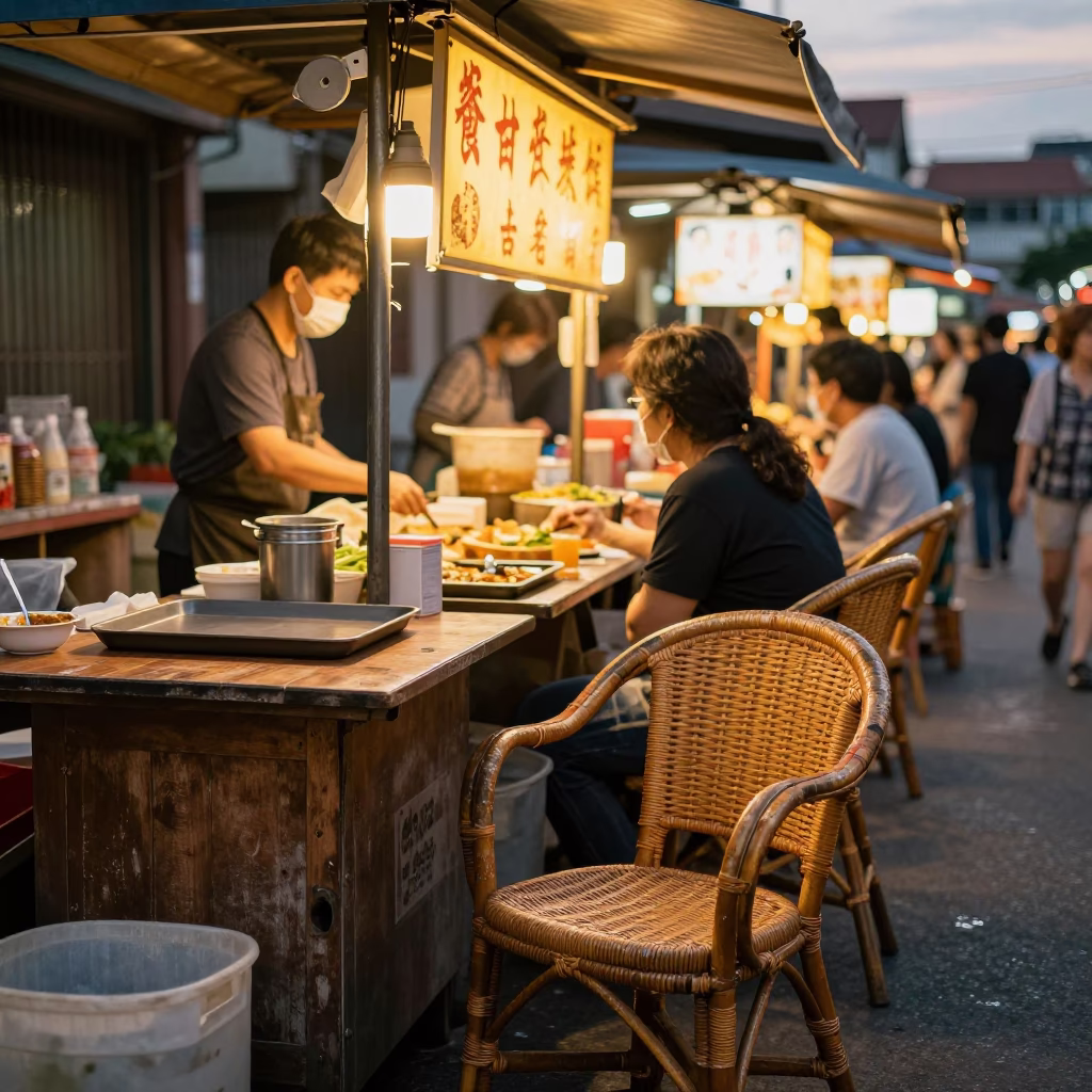 Busy Tainan Street Stall Evening with Rattan Chair and Gyoza in Honeyed Light in in Tainan, Taiwan